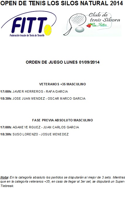 ORDEN DE JUEGO LUNES 01/09/2014