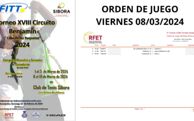 II TORNEO XVIII CIRCUITO BENJAMÍN. ORDEN DE JUEGO VIERNES 08/03/2024